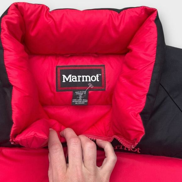 Vintage 90s Marmot Down Puffer Coat Full Zip Red Black Yoke Men's sz Medium - Picture 2 of 12